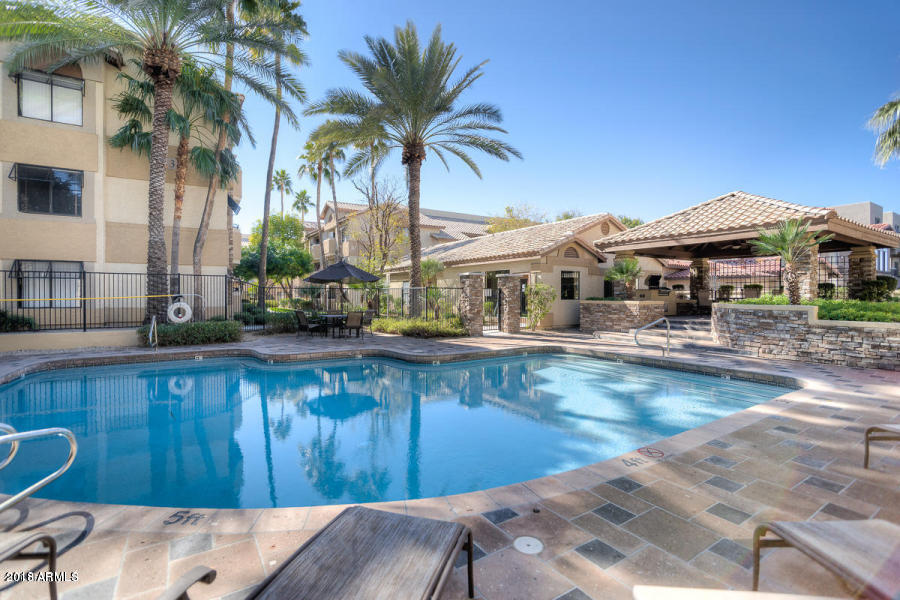 2025 East Campbell Avenue, Unit 341 Phoenix, AZ 85016 - Photo 1 of 20 a view of a swimming pool with lawn chairs under an umbrella