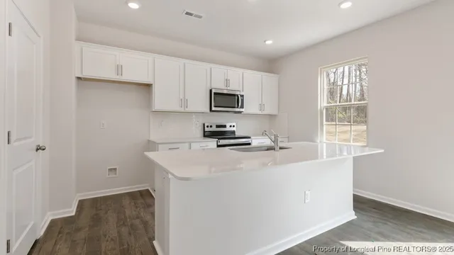 a kitchen with a sink a stove and cabinets