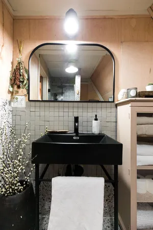 a bathroom with a bathtub