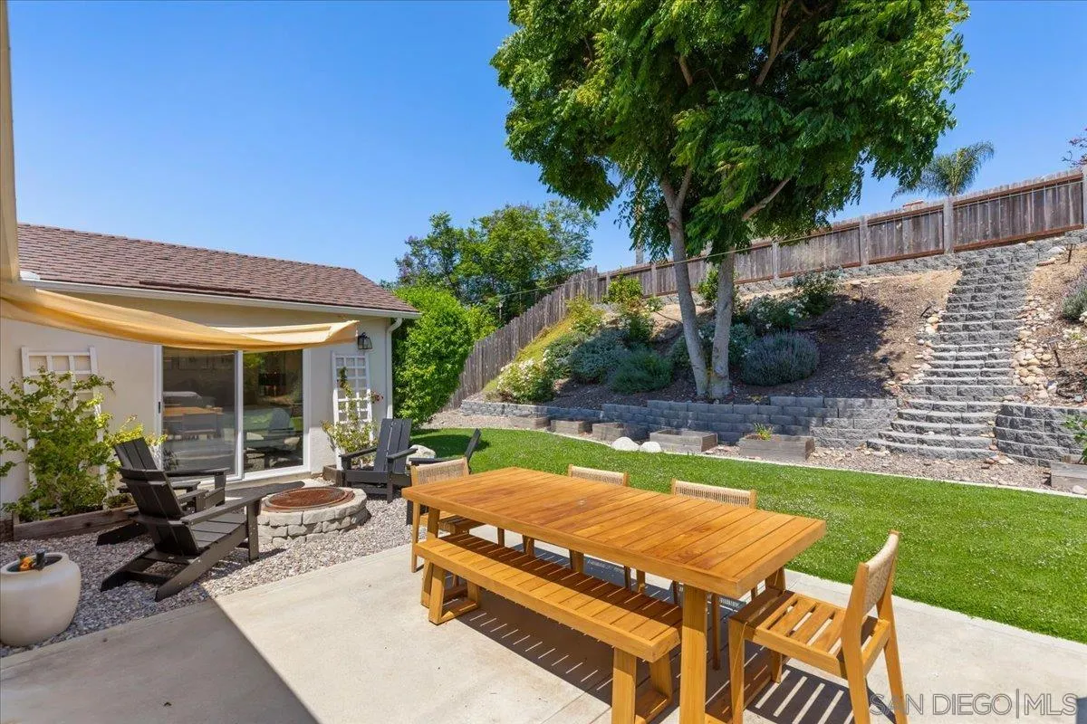 12243 Buckskin Trail Poway, CA 92064 - Photo 21 of 41 a view of a patio with table and chairs potted plants and palm tree