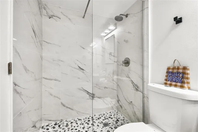 a bathroom with a shower and a toilet