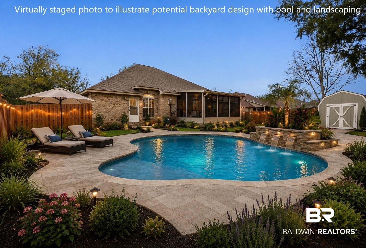 704 Edinburgh Avenue Foley, AL 36535 - Photo 31 of 32 VIRTUALLY STAGED Freeform swimming pool with integrated waterfall features, surrounded by paver decking and extensive landscaping