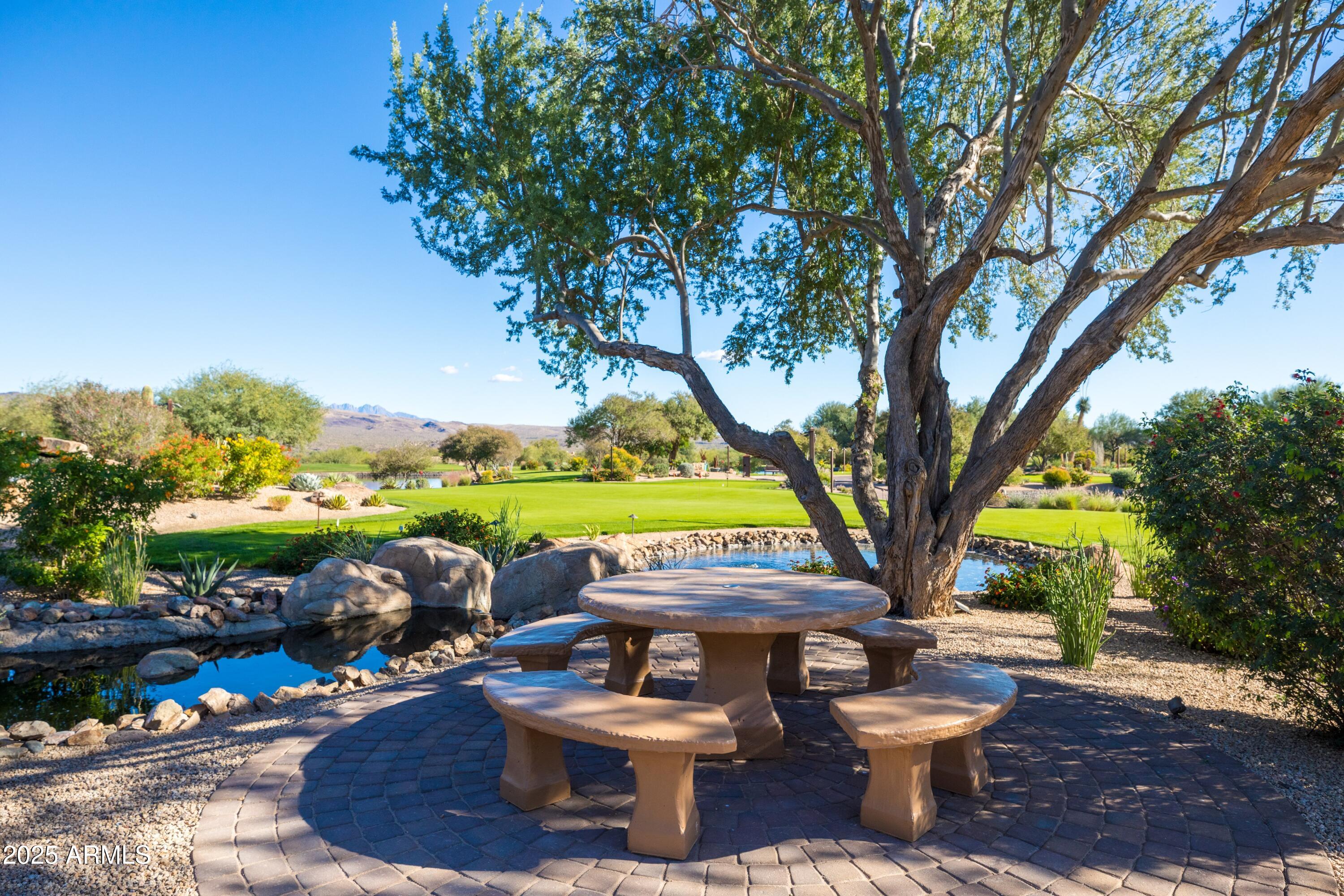 18788 East Blue Sky Drive Rio Verde, AZ 85263 - Photo 71 of 80 a view of a patio with table and chairs potted plants and a large tree