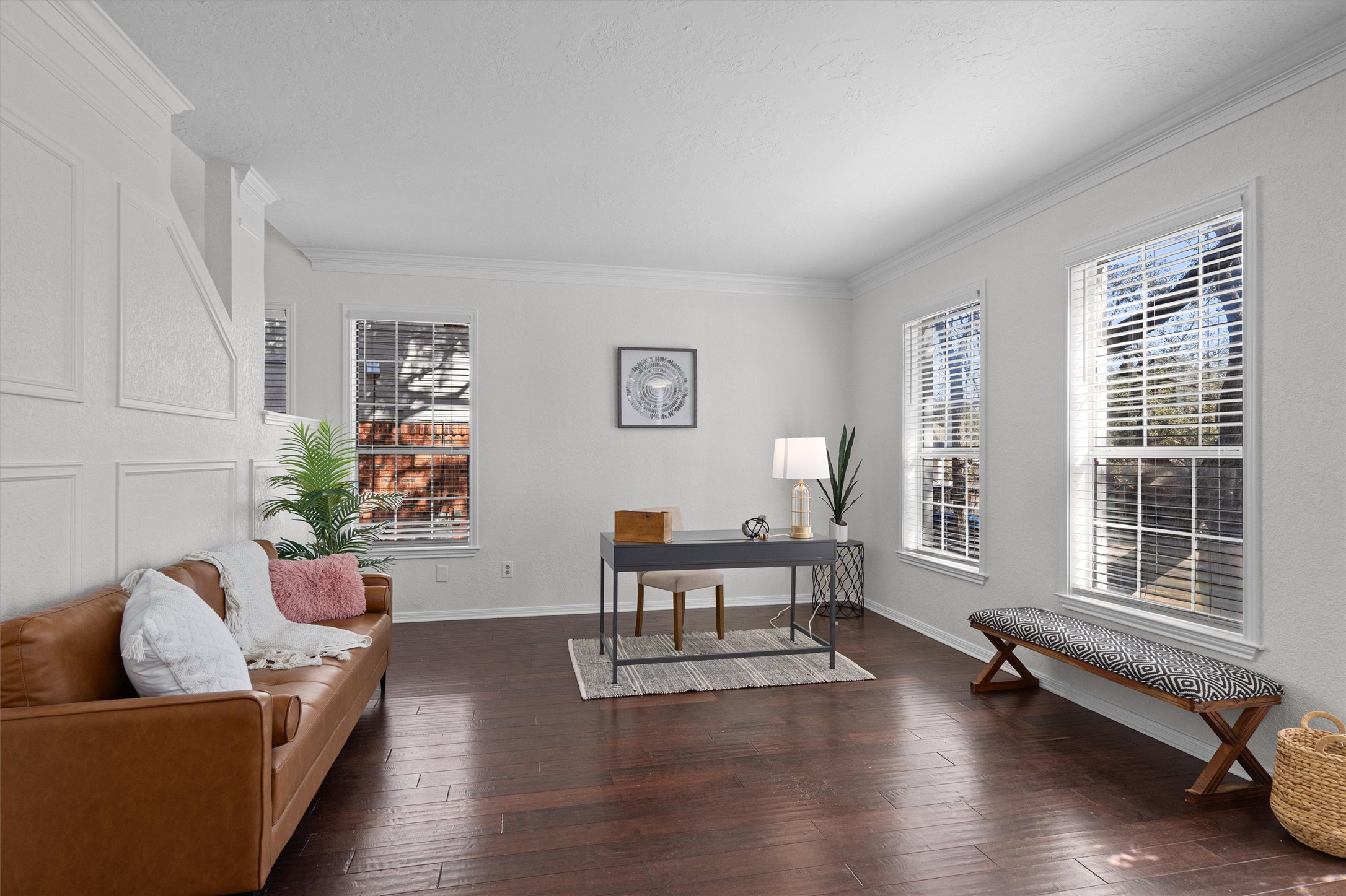 10506 Walpole Lane Austin, TX 78739 - Photo 6 of 40 Office area with ornamental molding and dark wood-style flooring