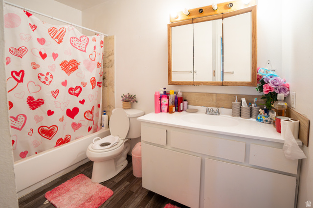 1347 South 400 East Springville, UT 84663 - Photo 16 of 20 Bathroom featuring wood-finish flooring, a white vanity with an integrated sink, and a mirrored medicine cabinet with wood framing