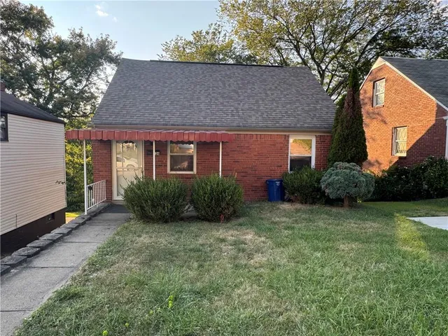 a backyard of a house with plants and large tree