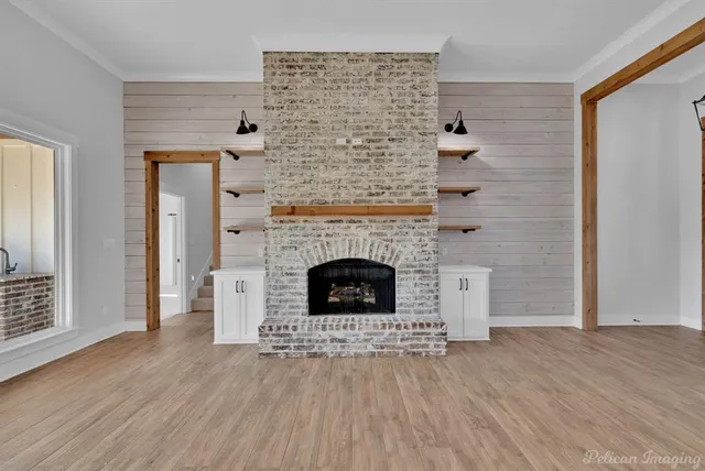 a living room with a fireplace