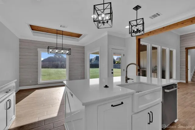 a kitchen with a sink a counter appliances and cabinets