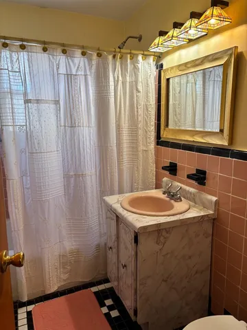 a bathroom with a sink a mirror and a shower curtain