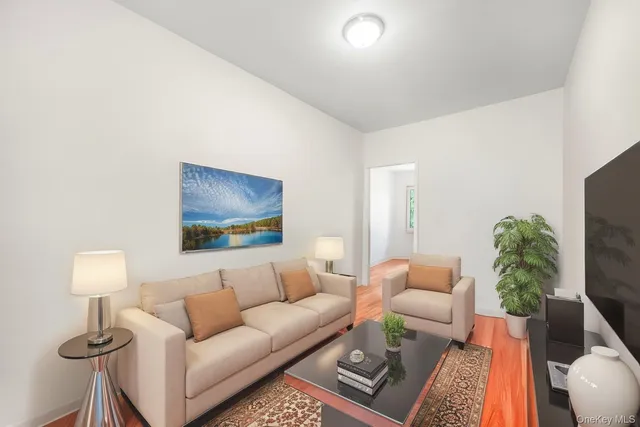 a living room with furniture and a lamp