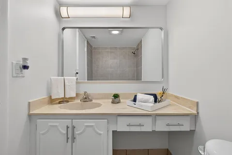 a bathroom with a sink and a mirror
