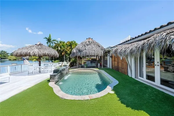 a view of a backyard with swimming pool