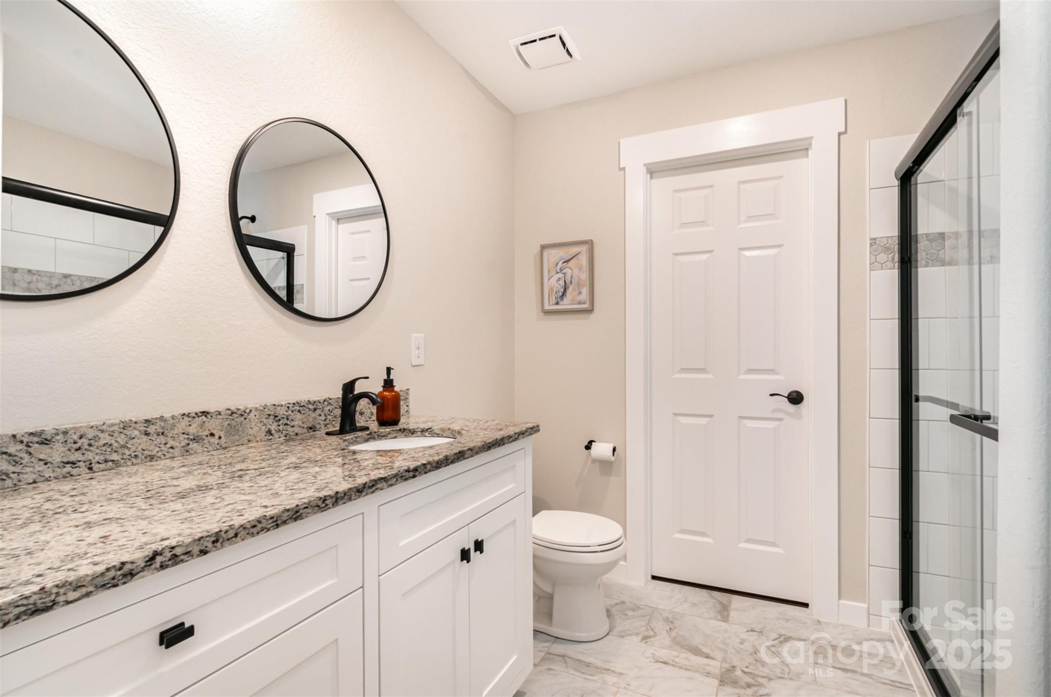 1124 Culver Spring Way Charlotte, NC 28215 - Photo 16 of 32 a bathroom with a granite countertop toilet a sink and a mirror