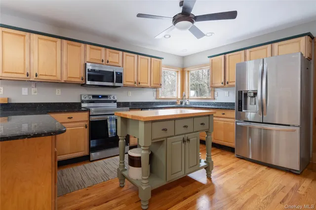 a kitchen with stainless steel appliances granite countertop a stove a sink dishwasher a refrigerator and a microwave oven with cabinets