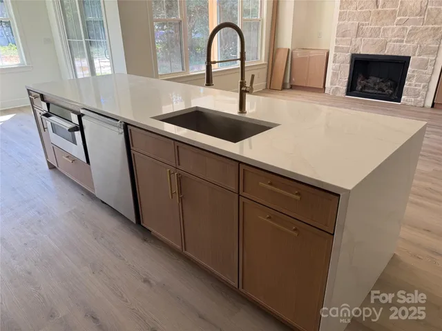 a close view of a sink and dishwasher with wooden floor