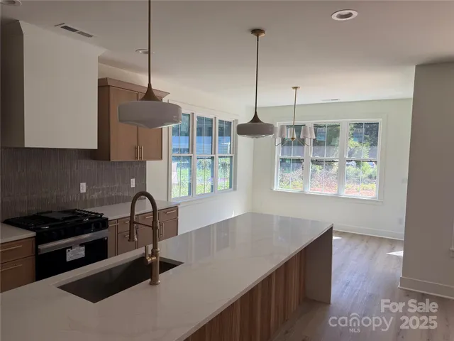 a kitchen with stainless steel appliances granite countertop a stove a sink and a wooden floors