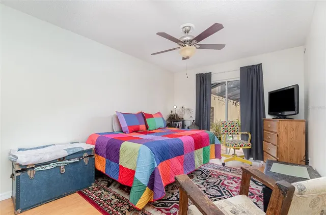 a bedroom with a bed and flat screen tv