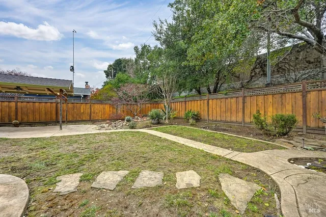 a view of a backyard with table and chairs