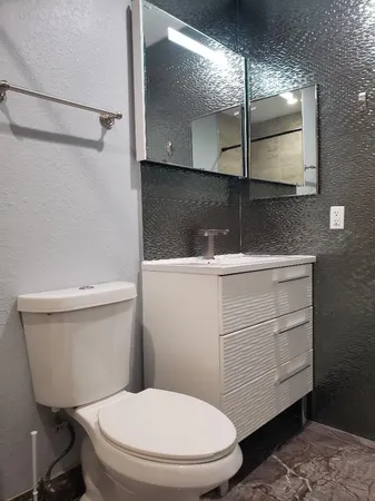 a bathroom with a toilet a sink and mirror