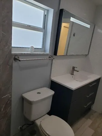 a bathroom with a sink toilet and mirror