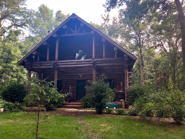 a view of a house with a yard plants and large tree