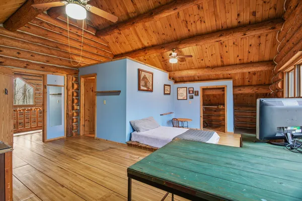 a outdoor space with wooden seating