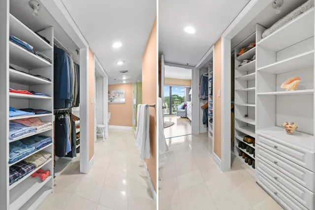 a view of walk in closet with clothes and shoes