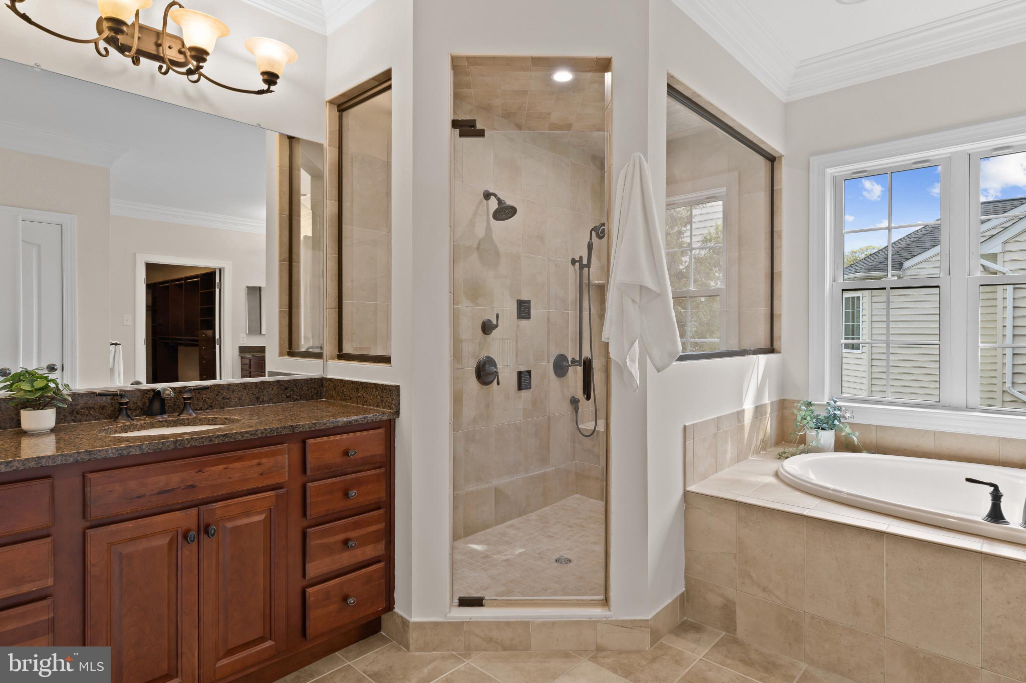 10725 Taylor Farm Road Woodstock, MD 21163 - Photo 32 of 70 a bathroom with a granite countertop sink a mirror a bathtub and shower
