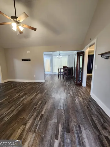 a view of dining room with wooden floor