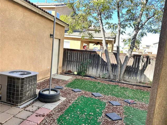 a garden view with a seating space