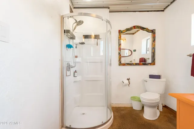 a bathroom with a toilet and a shower