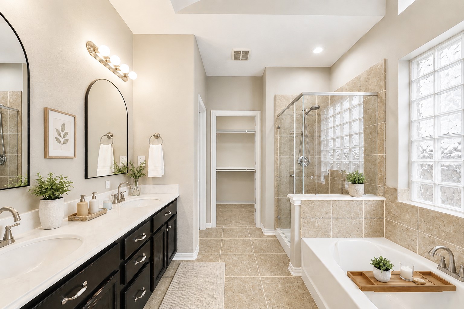 9438 Emerald Lakes Drive Rosharon, TX 77583 - Photo 12 of 36 a spacious bathroom with a double vanity sink mirror and a bathtub