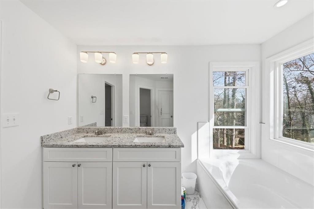 2769 Springfount Trail Northeast Lawrenceville, GA 30043 - Photo 34 of 56 a bathroom with a granite countertop sink and a mirror
