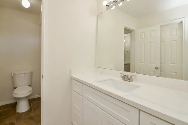 a bathroom with a sink a toilet and a large mirror