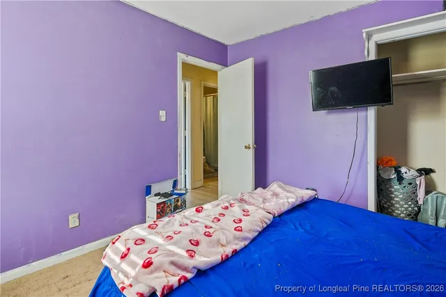 a bedroom with a bed and a flat screen tv