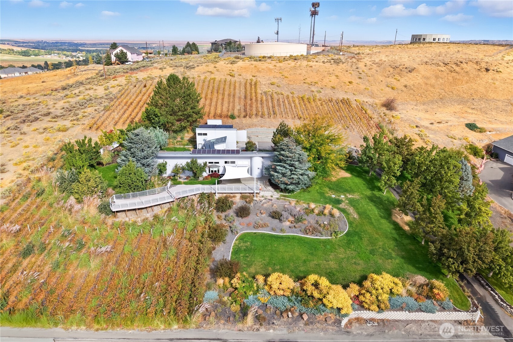 a view of a swimming pool and an outdoor space