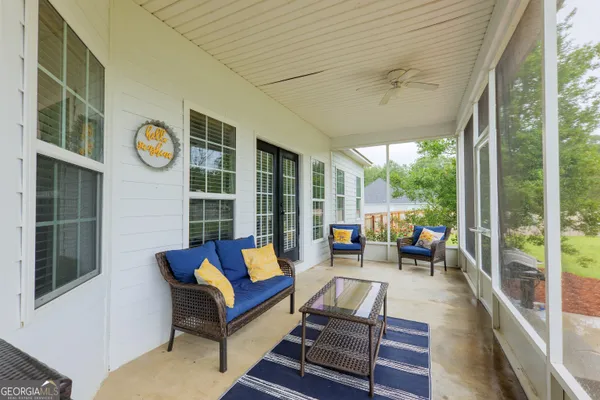 a building outdoor space with patio furniture