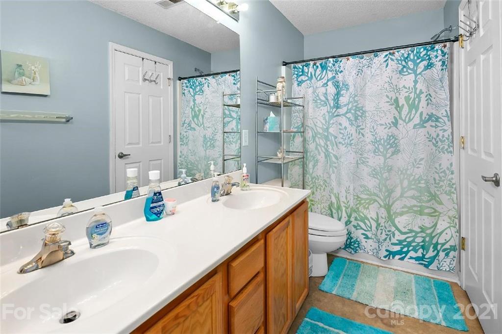 10930 Kinston Ridge Place, Unit 1237 Charlotte, NC 28273 - Photo 31 of 32 a bathroom with a sink a toilet and shower curtain