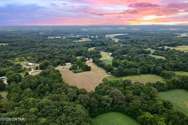 an aerial view of residential houses with outdoor space and trees
