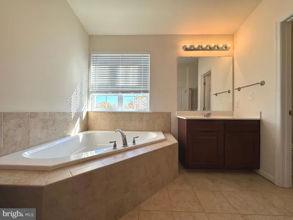 a bathroom with a tub a sink double vanity and mirror