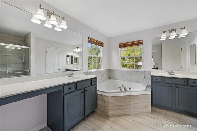 a bathroom with a double vanity sink a bathtub a mirror and a bathtub