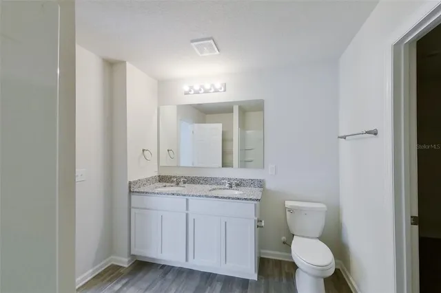 a bathroom with a granite countertop toilet sink and mirror