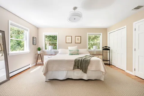 a spacious bedroom with a bed and window