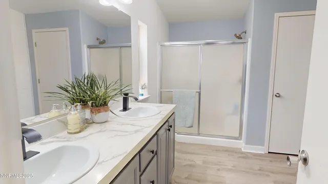 a bathroom with a sink a mirror and a shower