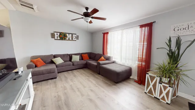 a living room with furniture potted plant and a window
