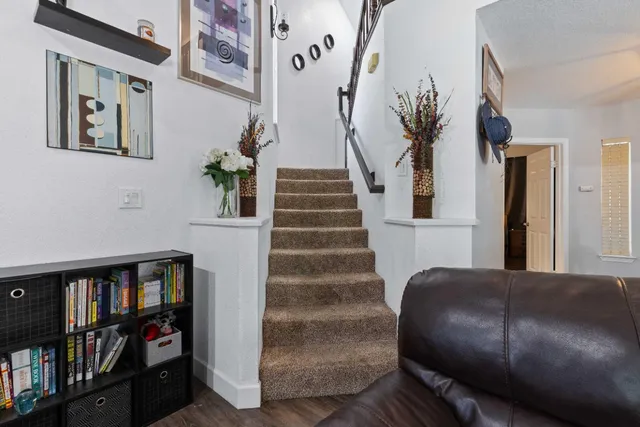 a view of staircase with lots of frames on wall and a potted plant