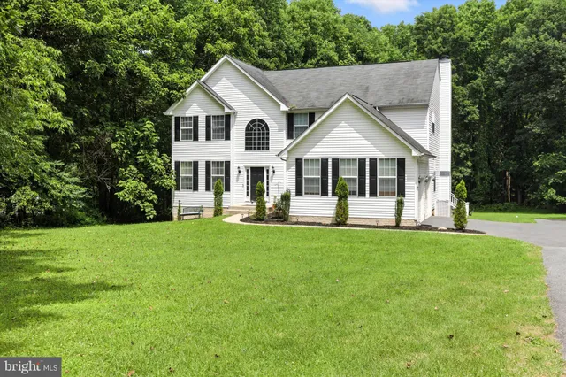 a front view of a house with a yard and green space
