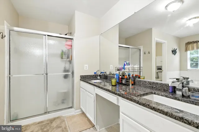 a bathroom with a double vanity sink mirror and shower