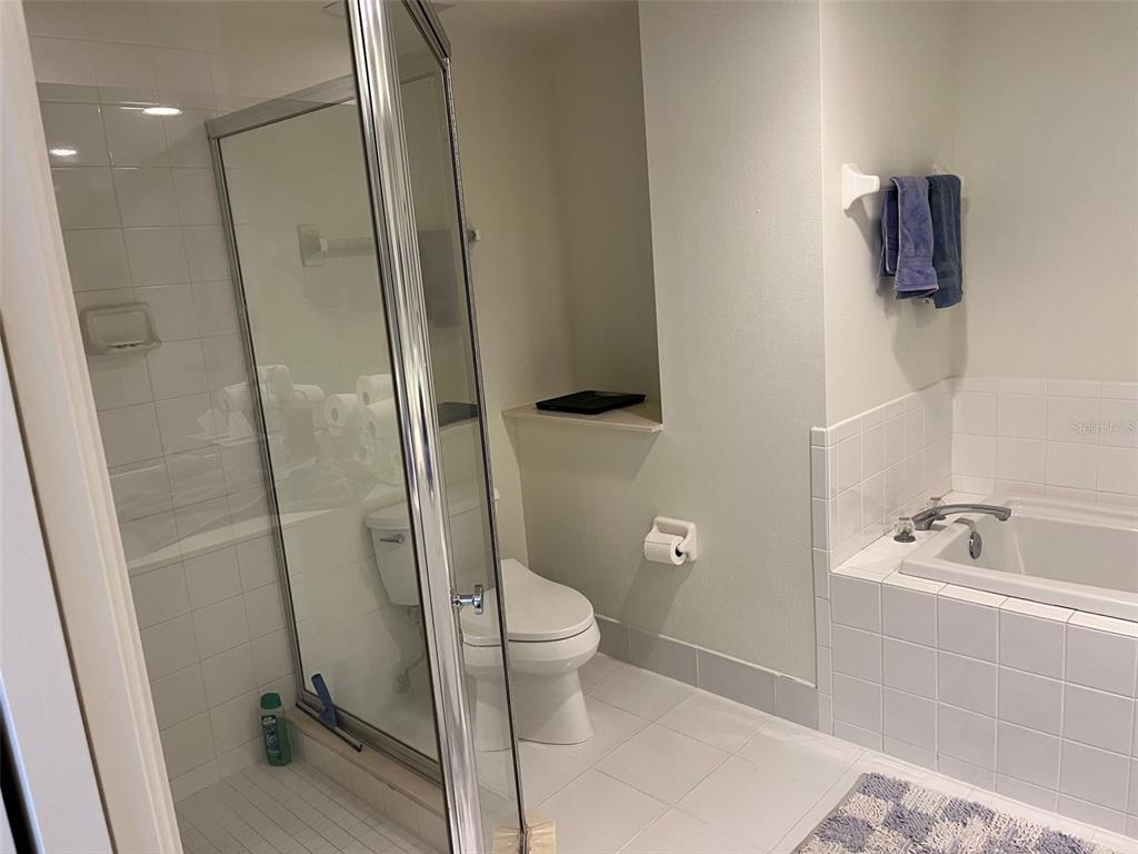 1170 Gulf Boulevard, Unit 1203 Clearwater Beach, FL 33767 - Photo 25 of 34 a bathroom with a shower a toilet a sink and mirror