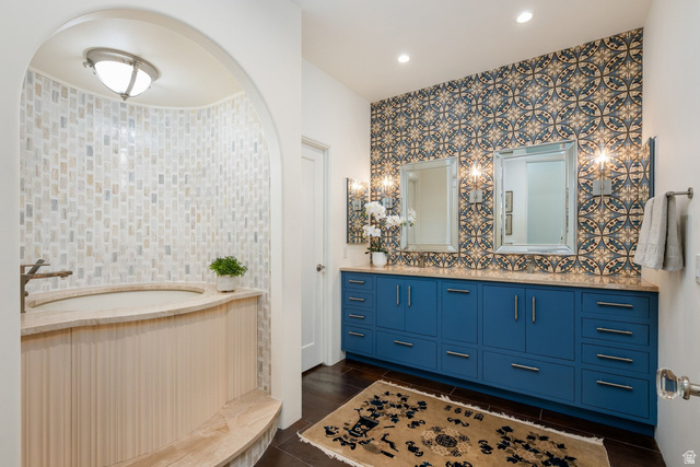 779 South Silver Road Leeds, UT 84746 - Photo 24 of 80 Bathroom with double vanity, dark wood-style floors, and recessed lighting